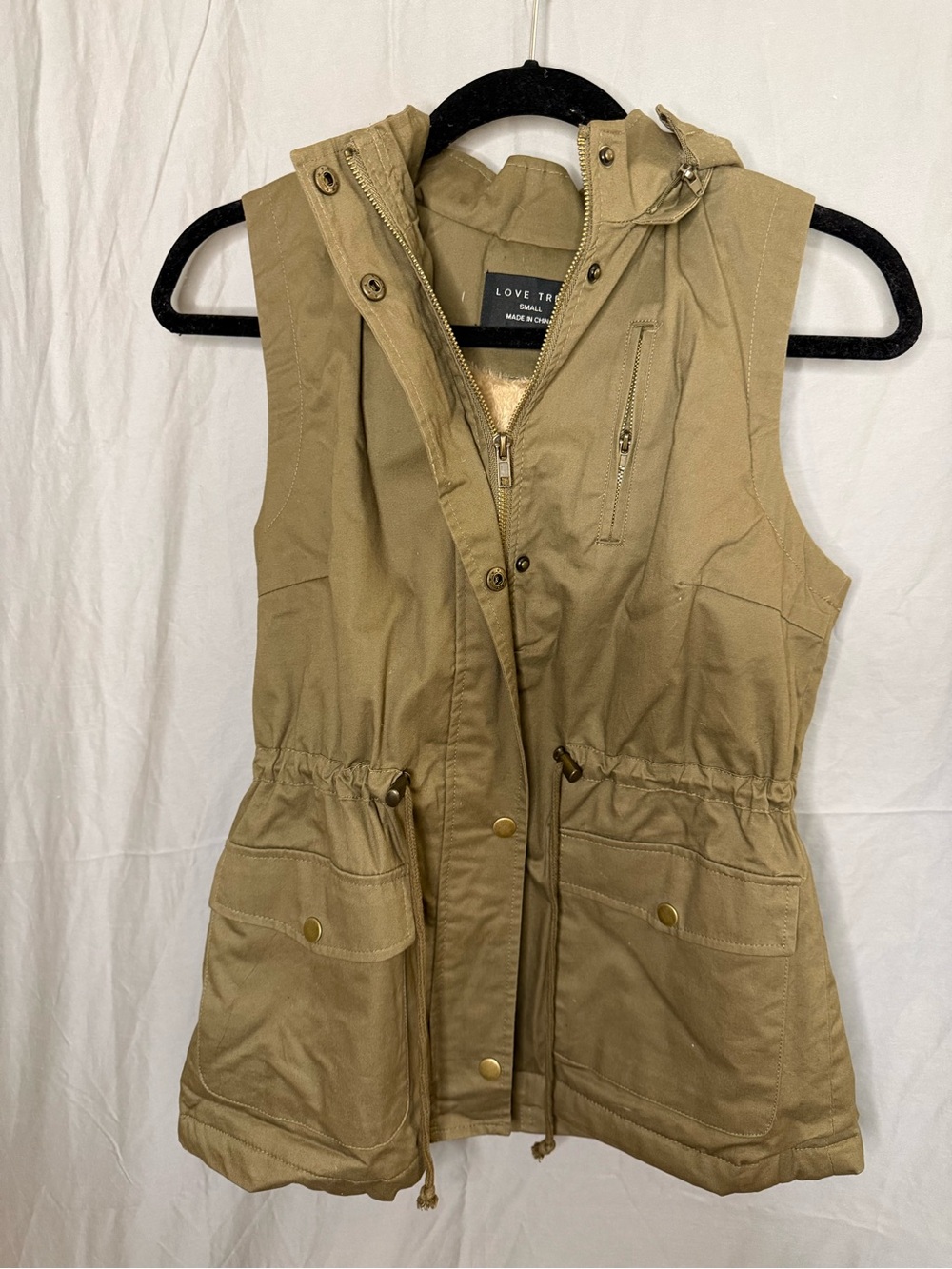Love Tree Sleeveless Drawstring Utility Vest - Khaki